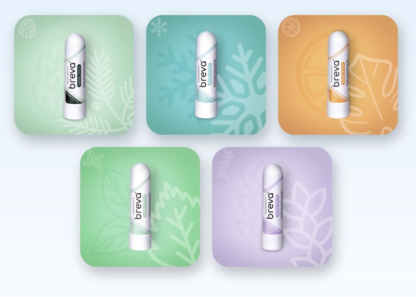 Beş Breva nazal stick aroması — Mint, Wintermint, Tropical, Forest Focus ve Lavender — her biri kendi marka renginin hâkim olduğu karelerde yan yana dizilmiş.