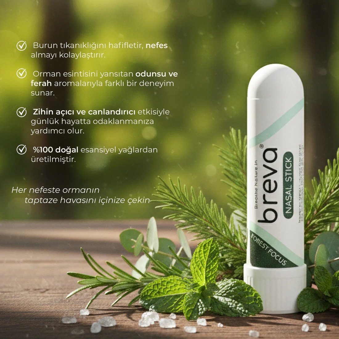 Forest Focus nasal stick, ahşap bir zeminde çam dalları, biberiye, okaliptus ve nane yaprakları arasında duruyor; görselin üzerinde 'Orman Esintisi Gibi: Derin Nefes + Zihinsel Açıklık + Odak' tanıtım metni basılı.