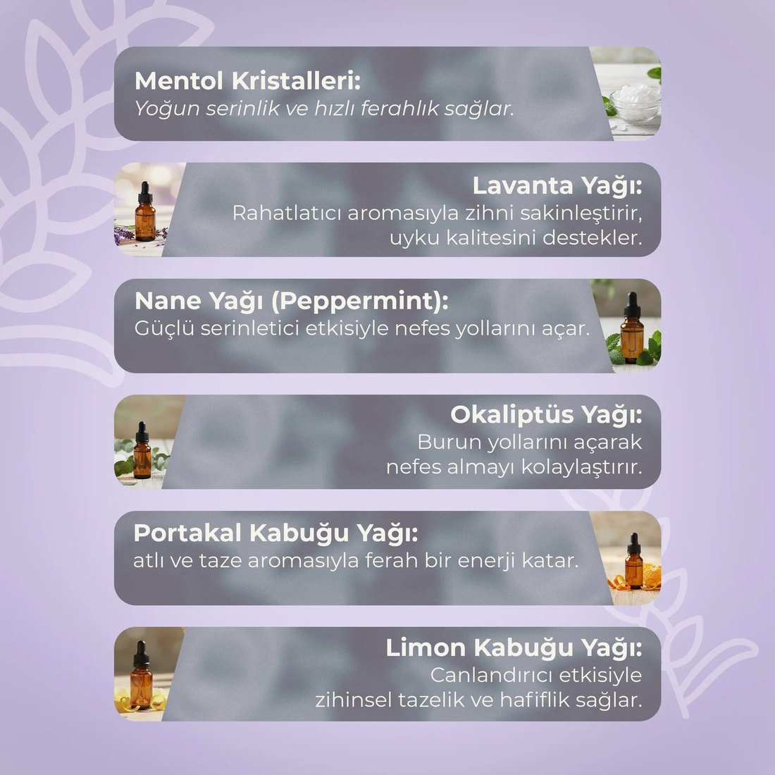 Lila zeminde Lavender içindekiler kartı ve üzerinde sıralanan altı bileşen