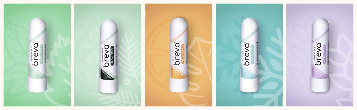 Beş Breva aroması yan yana: Mint, Forest Focus, Tropical, Wintermint ve Lavender