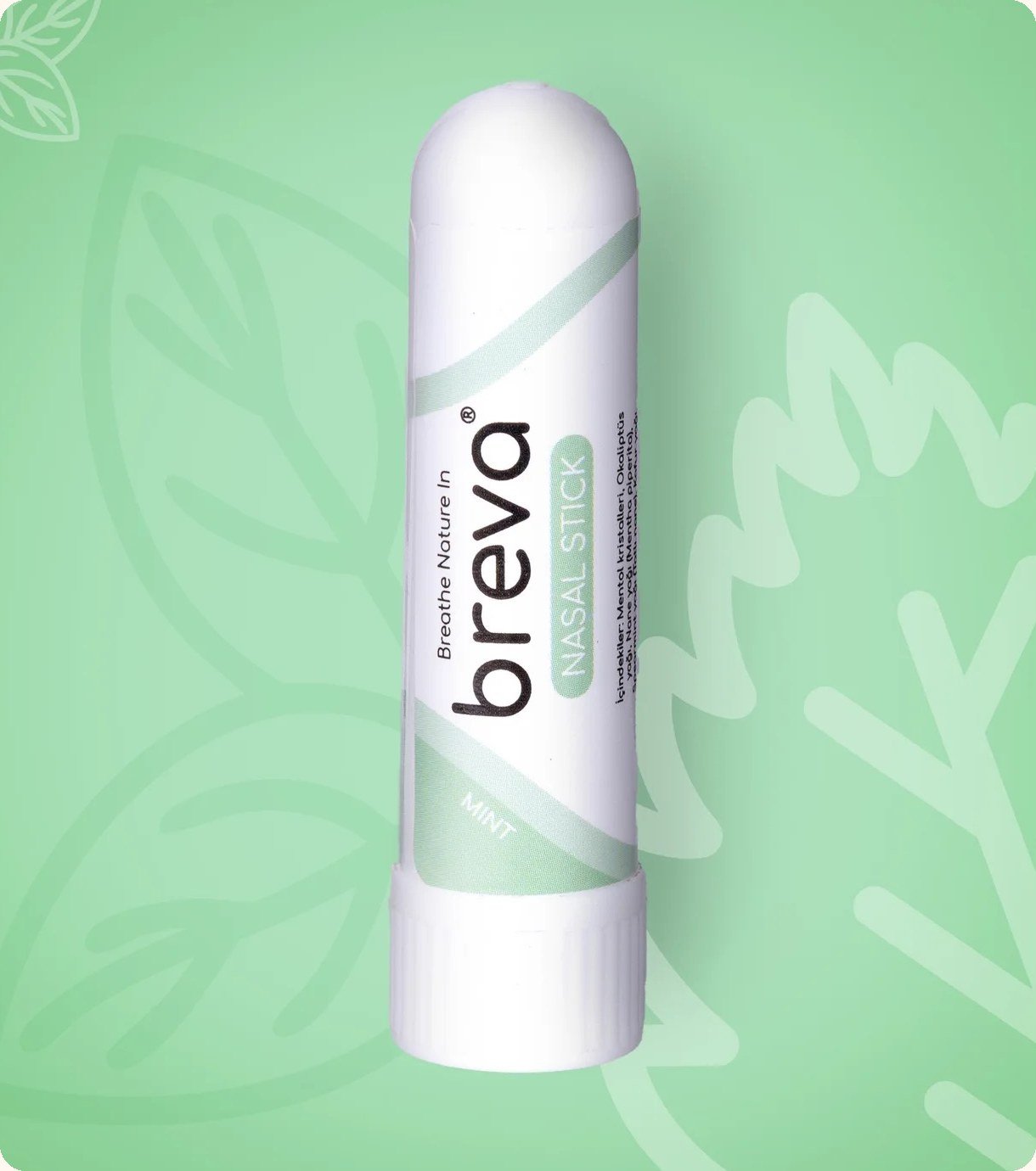 Breva Mint nazal stick, içindekiler satırı görünür durumda