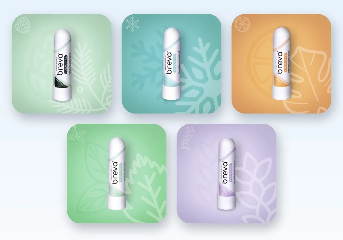 Beş Breva aromasının beş renkli kartta düzenlenmiş ürün görseli: yeşil Forest Focus, turkuaz Wintermint, turuncu Tropical, yeşil Mint ve mor Lavender